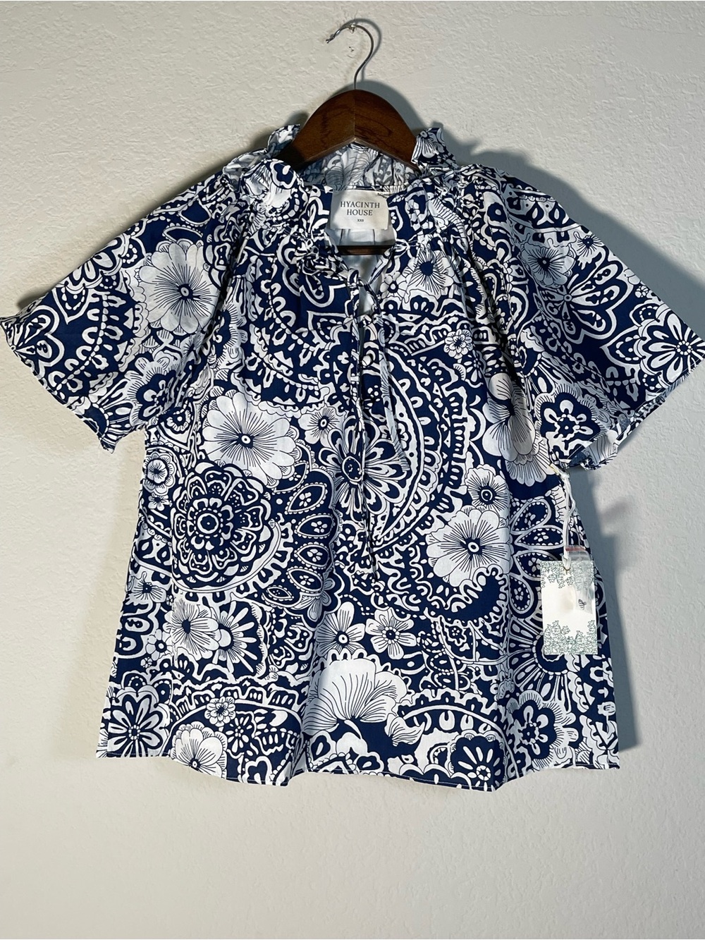 Tuckernuck Hyacinth House Thea Blouse Navy & White Floral Paisley Sz XXS Top NWT - Picture 2 of 11